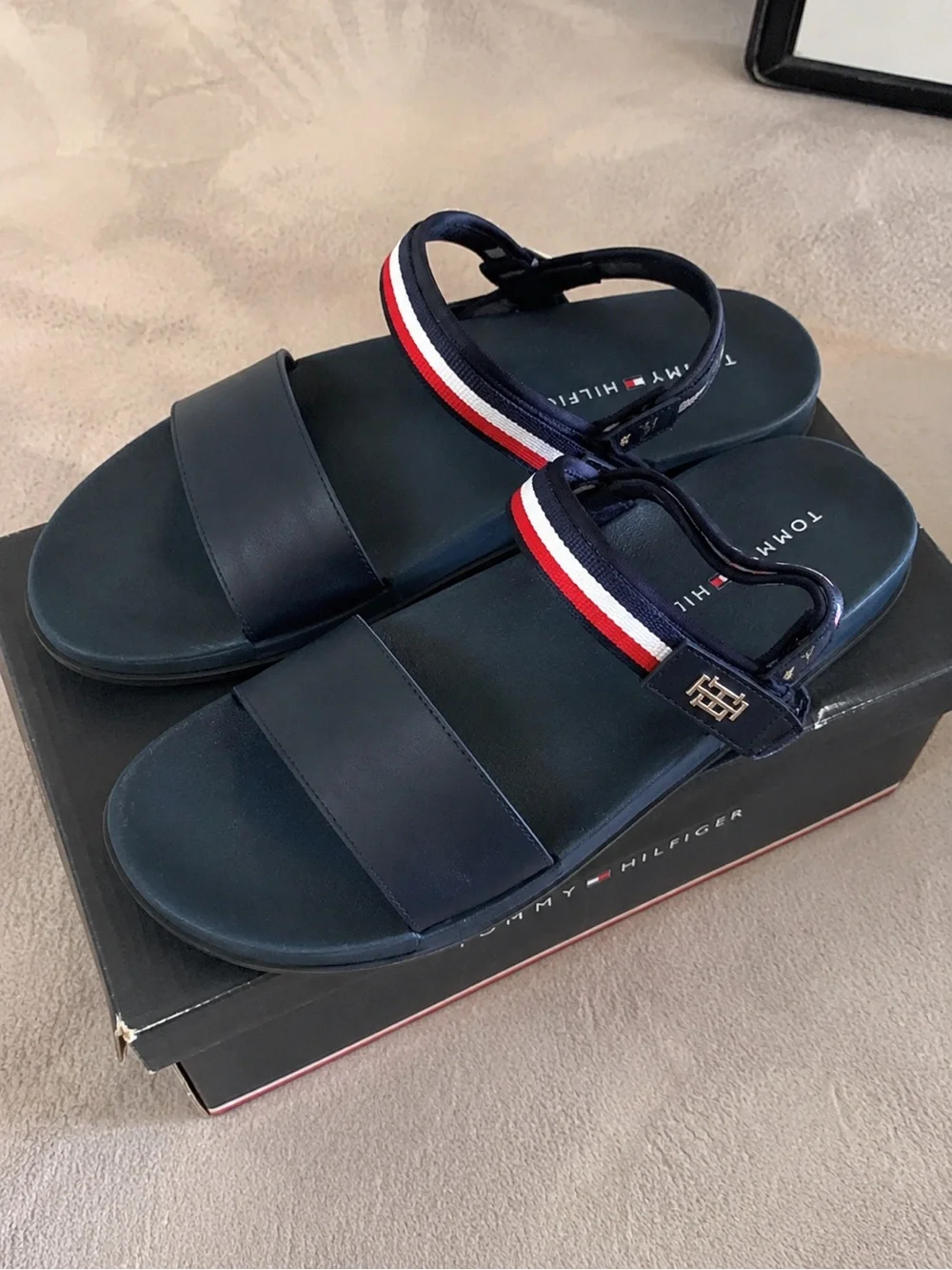 Tommy Hilfiger Navy Slide Sandals with Red-White-Blue Strap